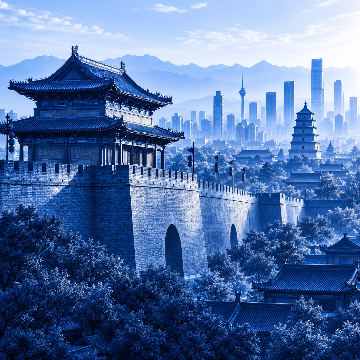 西安城市意象插画,非历史档案照片